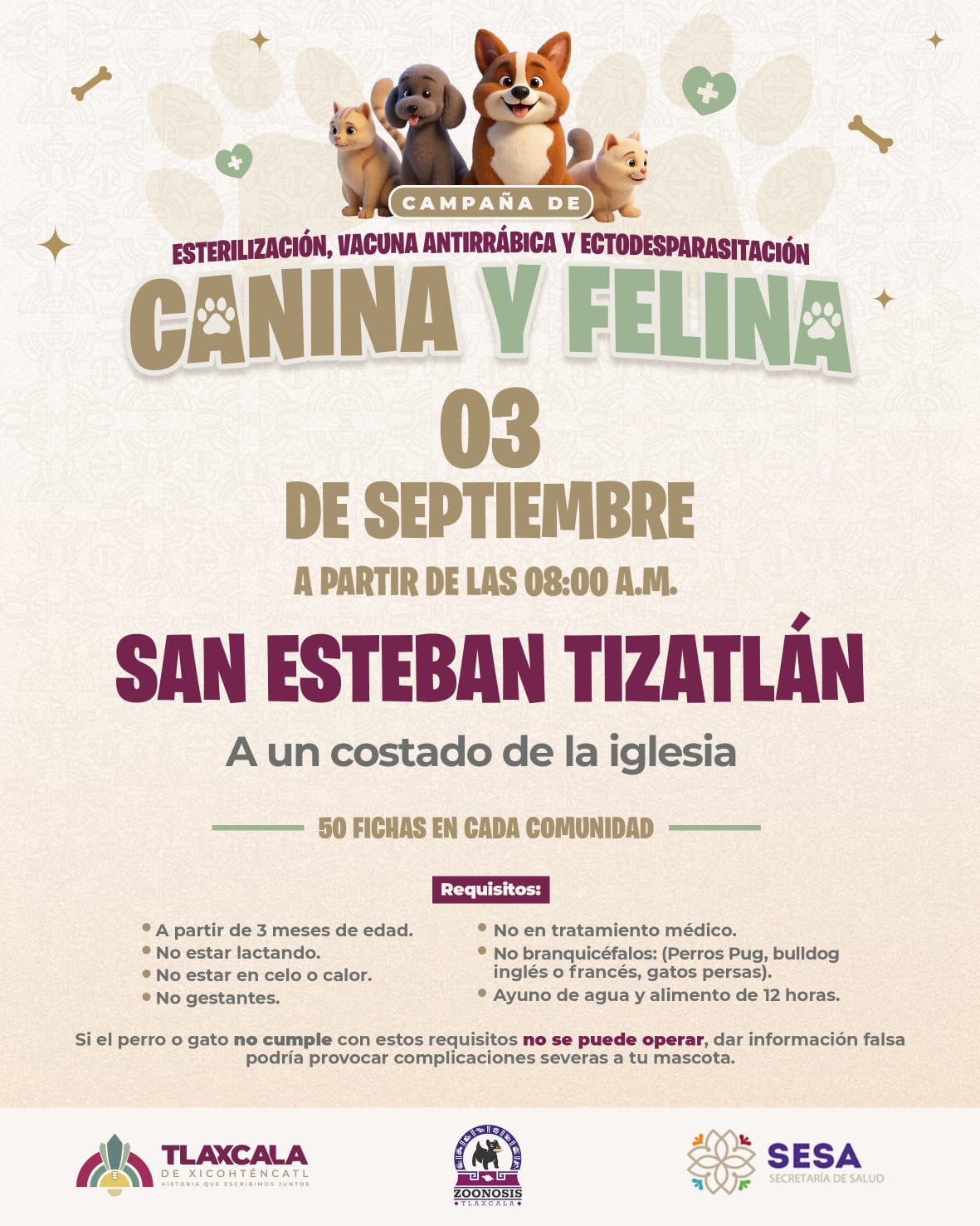 Este miércoles y jueves llegará la campaña de bienestar animal del Ayuntamiento de Tlaxcala a San Gabriel Cuauhtla y Tizatlán